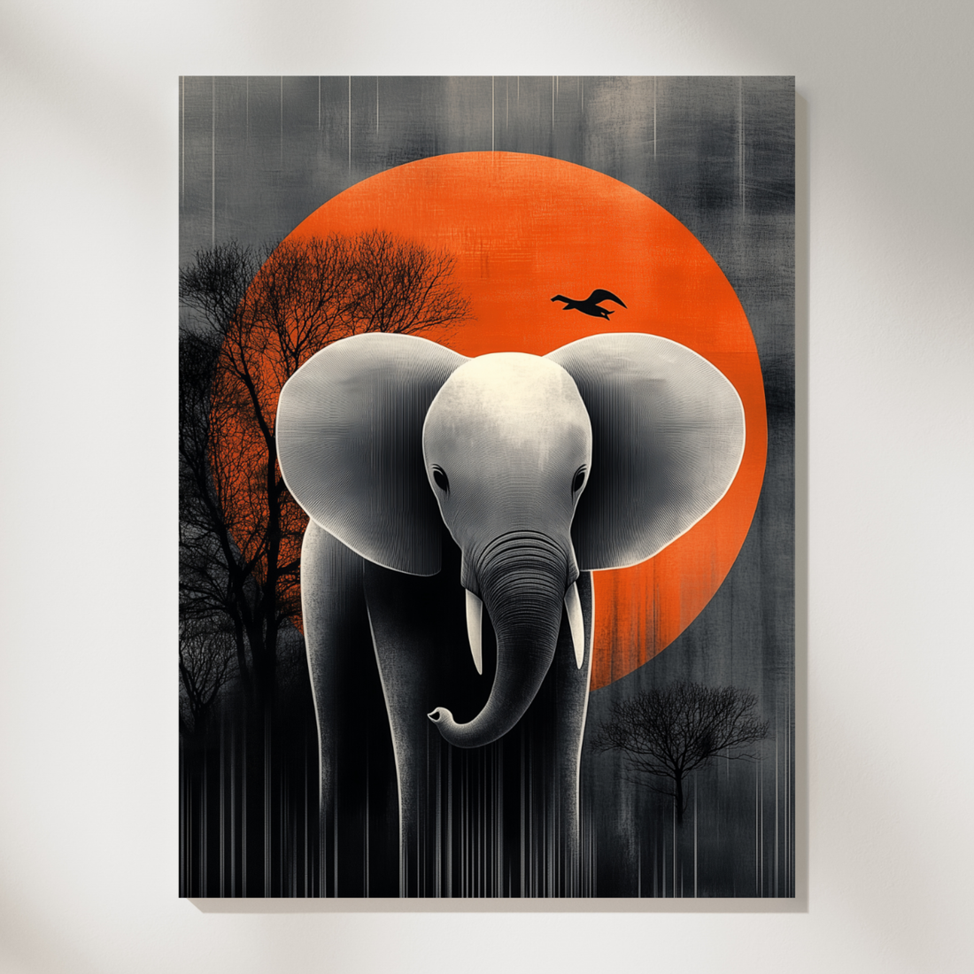 Graceful Elephant in Japanese Landscape, Minimalist Art with Orange Sun and Silhouettes. High Resolution Digital Download 300 DPI