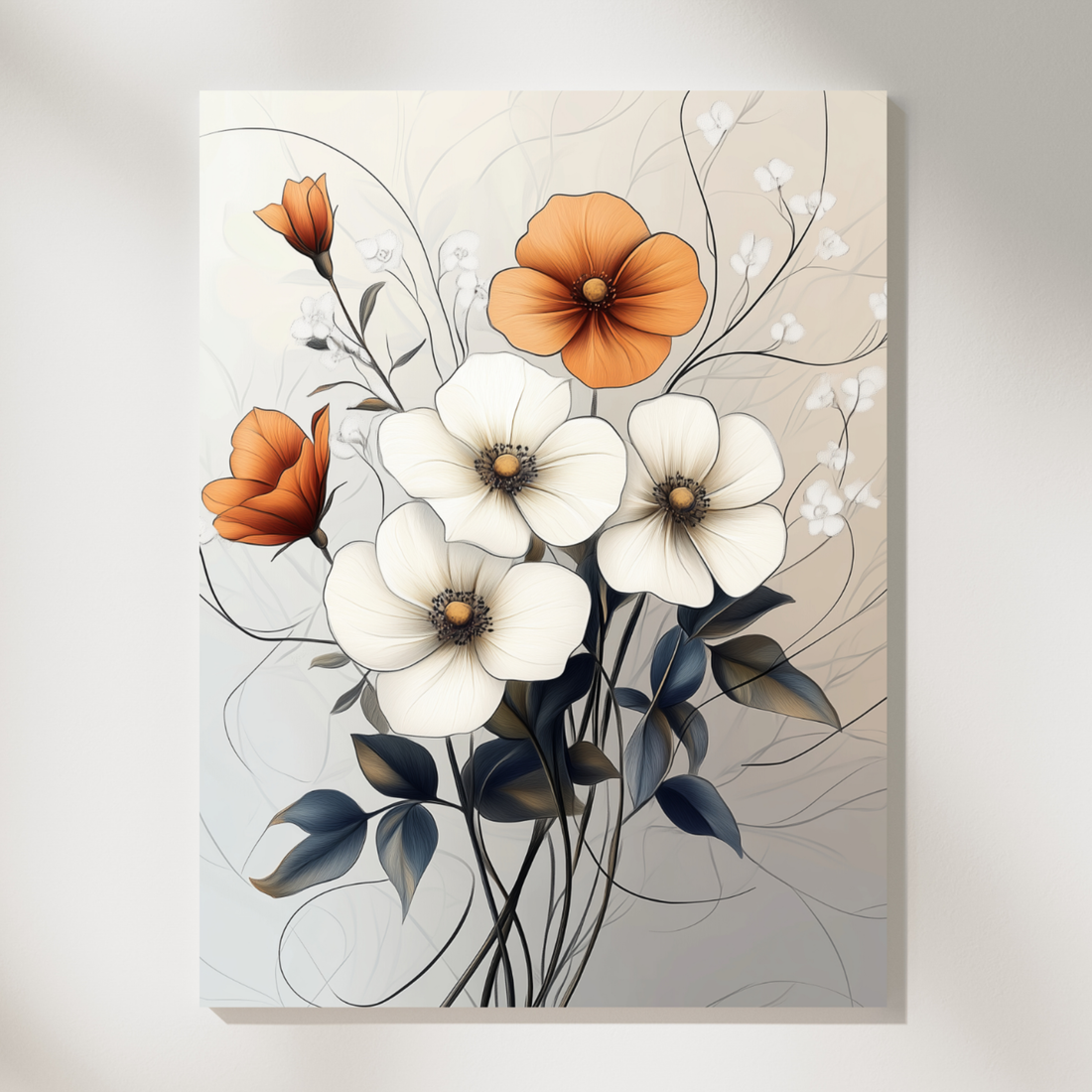 Vintage Botanical Elegance, White and Orange Floral Art for Timeless Decor. High Resolution Digital Download 300 DPI