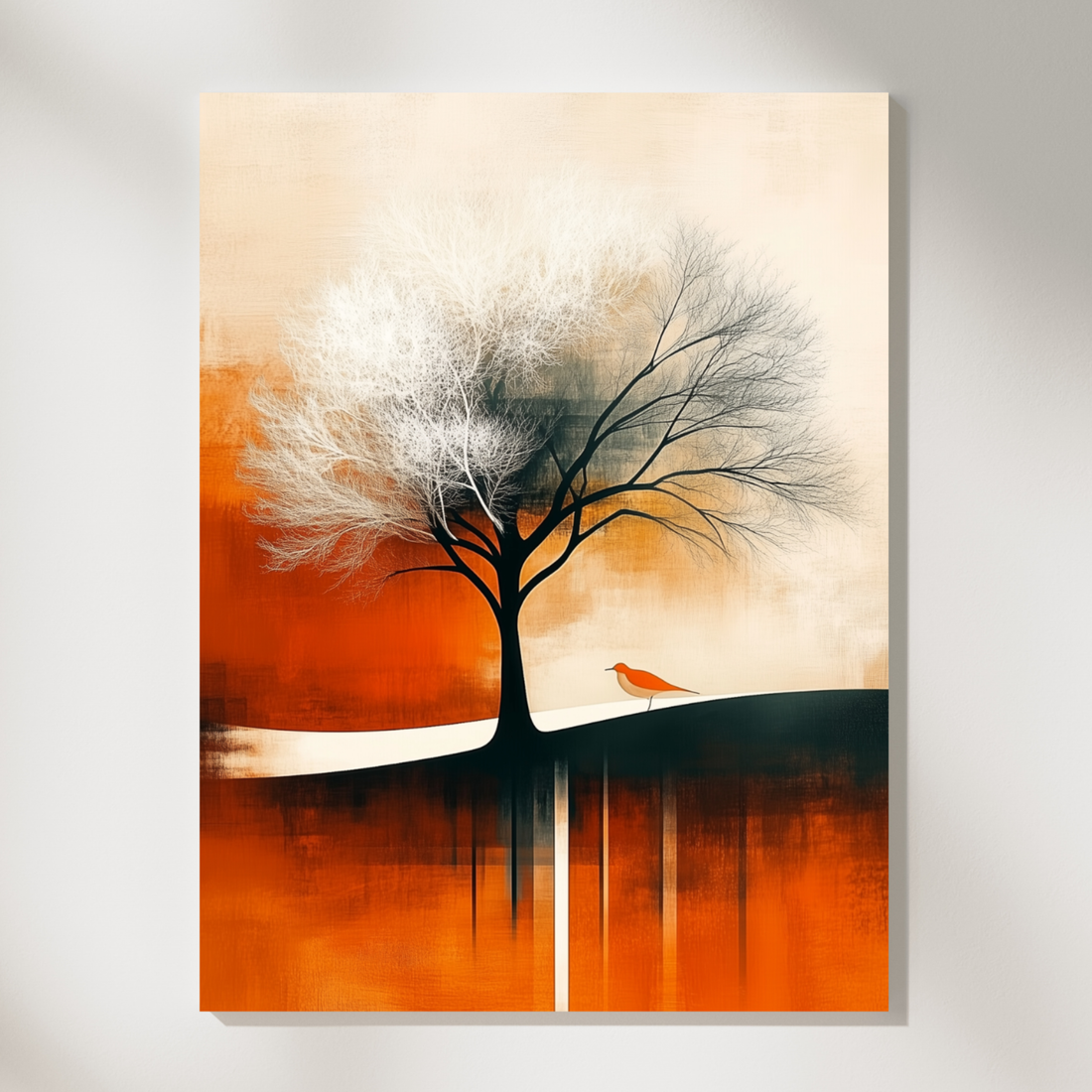 White Tree Yellow Bird Oil Painting Wall Art Exquisite Details. High Resolution Digital Download 300 DPI.