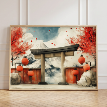 Serene Japanese Festival Landscape, Cherry Blossoms and Mountain Art. High Resolution Digital Download 300 DPI.