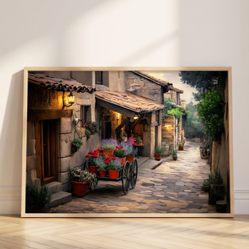 Twilight Flower Cart Wall Art Lavender Roses Cobblestone Painterly Texture. High Resolution Digital Download 300 DPI.
