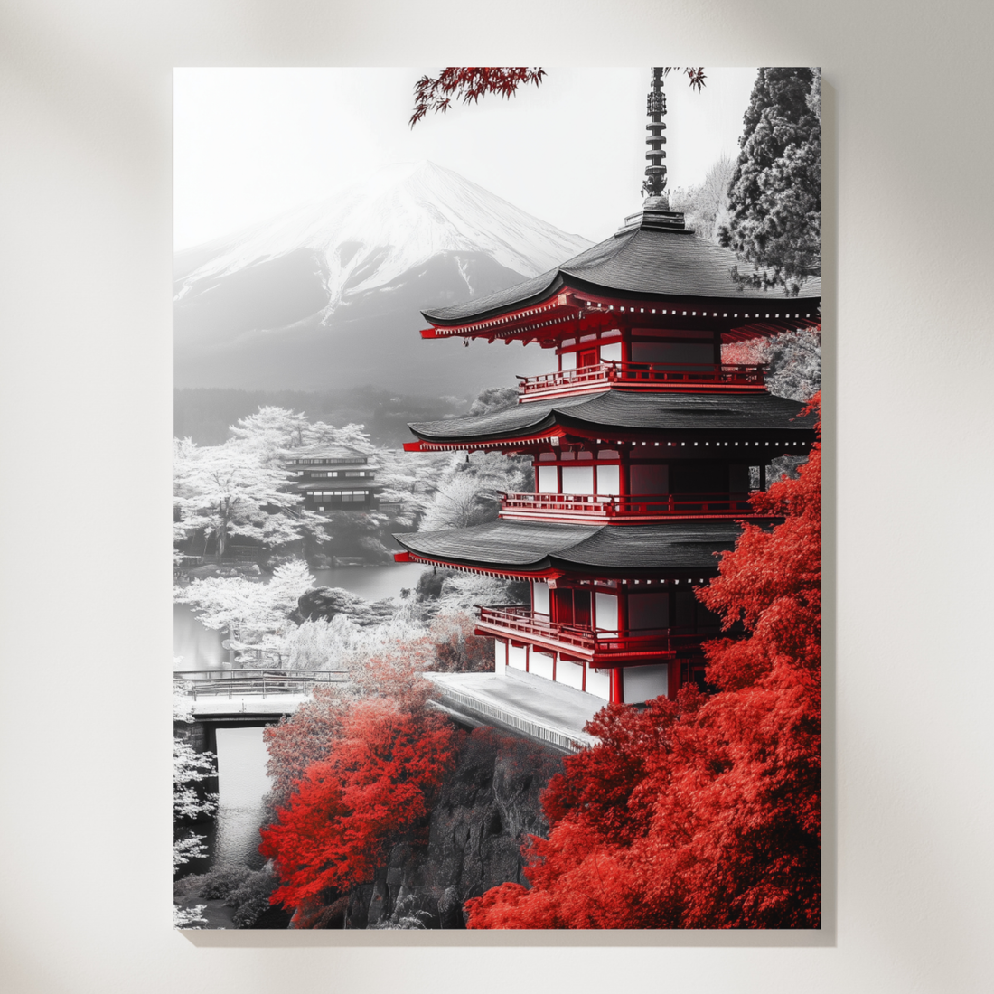Tranquil Japanese Pagoda, Misty Mountain Landscape Art Print. High Resolution Digital Download 300 DPI.