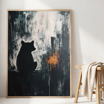 Dramatic Bear Silhouette, Abstract Orange Splash on Black Canvas Art. High Resolution Digital Download 300 DPI.