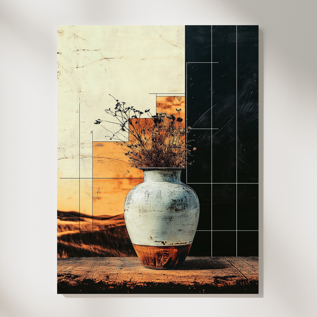 Charming Vintage Ceramic Vase with Dried Flowers Against a Sunset Landscape. High Resolution Digital Download 300 DPI