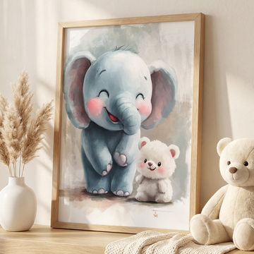 Whimsical Turquoise Elephant and Fluffy Bear Friends Wall Art. High Resolution Digital Download 300 DPI.