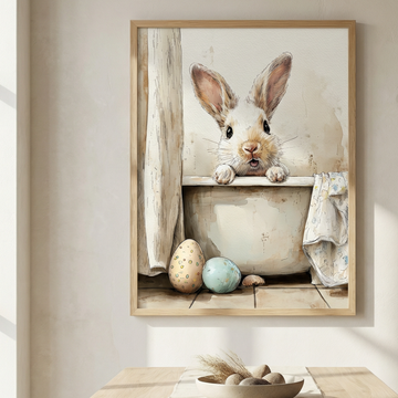Adorable Bunny with Easter Eggs in Whimsical Dreamy Wall Art. High Resolution Digital Download 300 DPI.