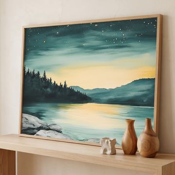 Starry Night Reflections, Luminous Green Lake Under Celestial Sky Art. High Resolution Digital Download 300 DPI.