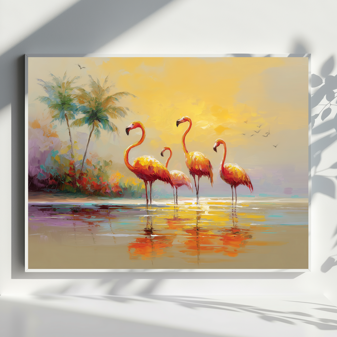 Tropical Flamingos Sunset Beach Scene with Palms Oil Wall Art. High Resolution Digital Download 300 DPI.