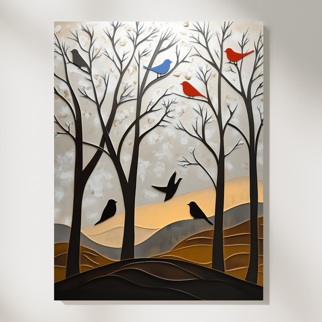Winter's Silhouette, Bare Trees and Birds Against Misty Mountain Backdrop. High Resolution Digital Download 300 DPI