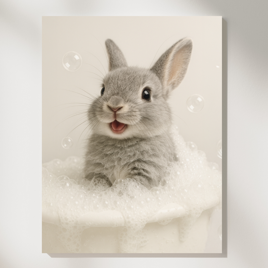 Adorable Gray Rabbit Bubble Bath Wall Art in High-Definition Style. High Resolution Digital Download 300 DPI.