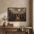 Witches gathering print above a rustic wooden console