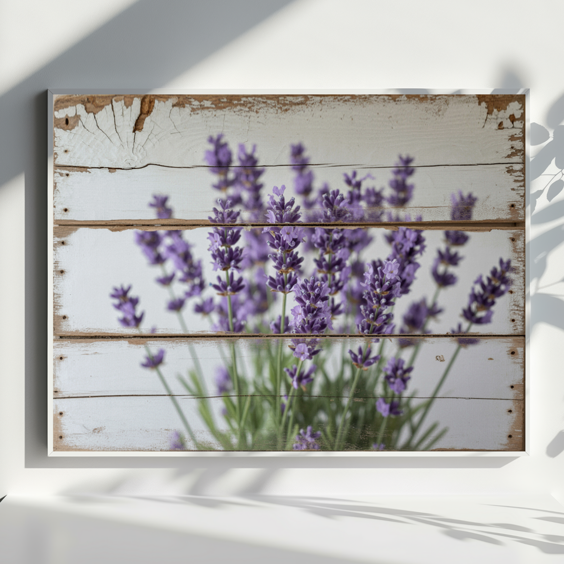 Rustic Lavender Bloom Art on Weathered Whitewashed Wooden Slat Panel. High Resolution Digital Download 300 DPI.