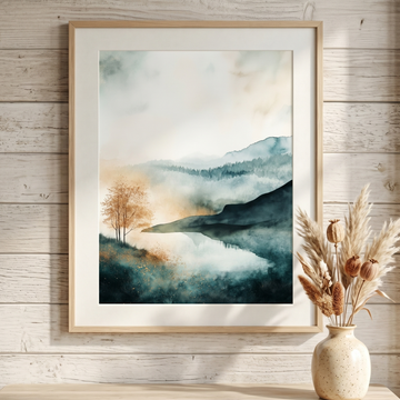 Watercolor Hills and Trees Landscape, Gold Glitter Wall Art. High Resolution Digital Download 300 DPI.