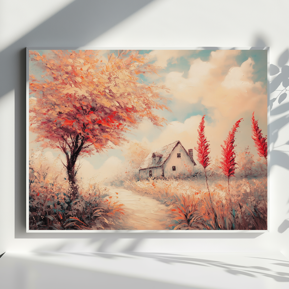 Autumnal Serenity, Vintage Oil Painting of Cottage Nestled in Fall Foliage. High Resolution Digital Download 300 DPI