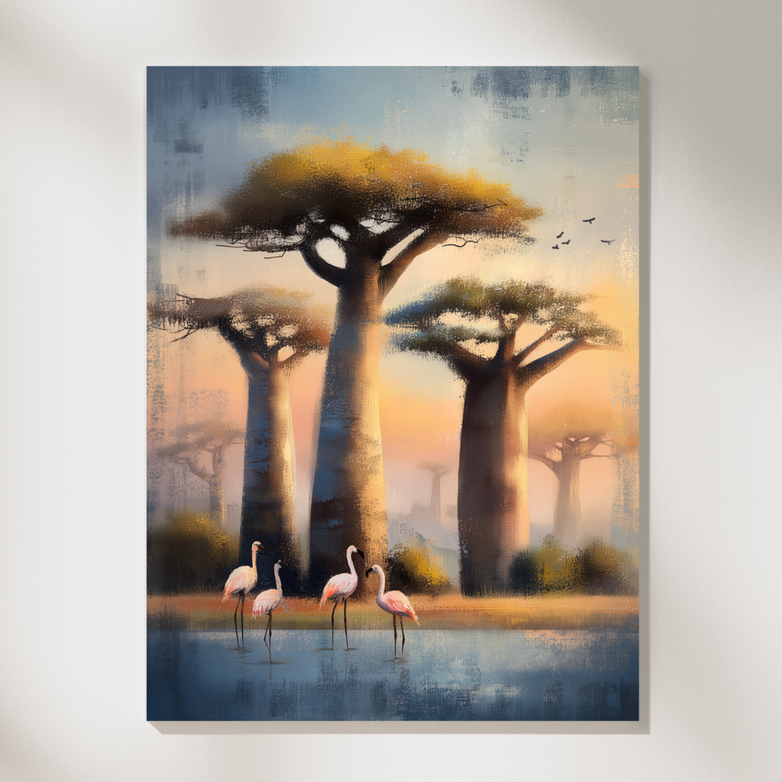 Vibrant Baobab Landscape with Flamingo Birds Watercolor Nature Wall Art. High Resolution Digital Download 300 DPI.