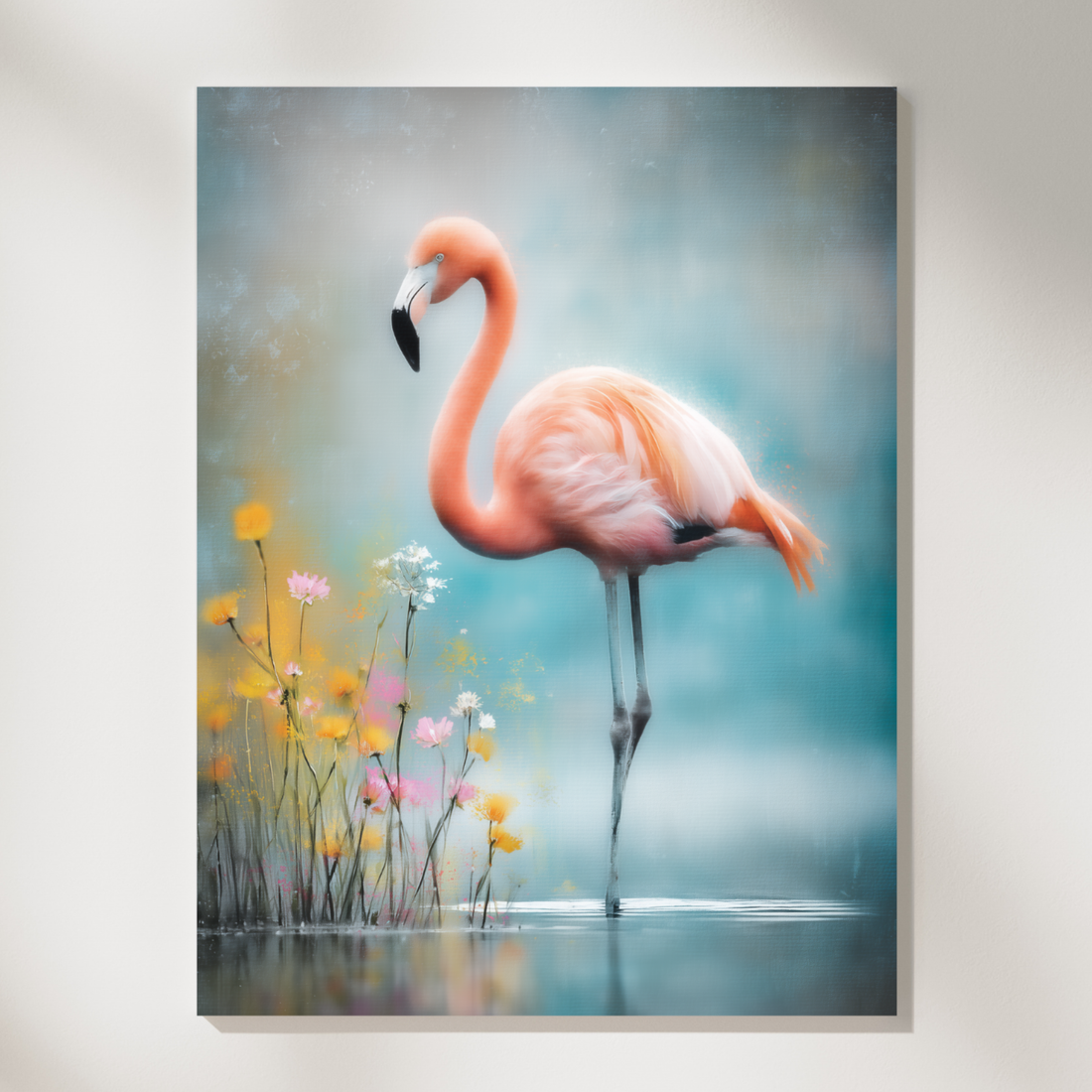Elegant Flamingo Artwork with Blossoms Floating on Tranquil Water Surface. High Resolution Digital Download 300 DPI.