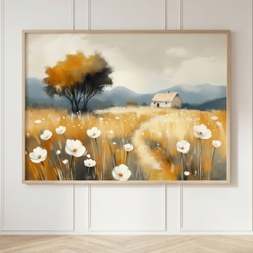 Serene Watercolor Landscape, White Daisies, Lone Tree, and Majestic Mountains. High Resolution Digital Download 300 DPI
