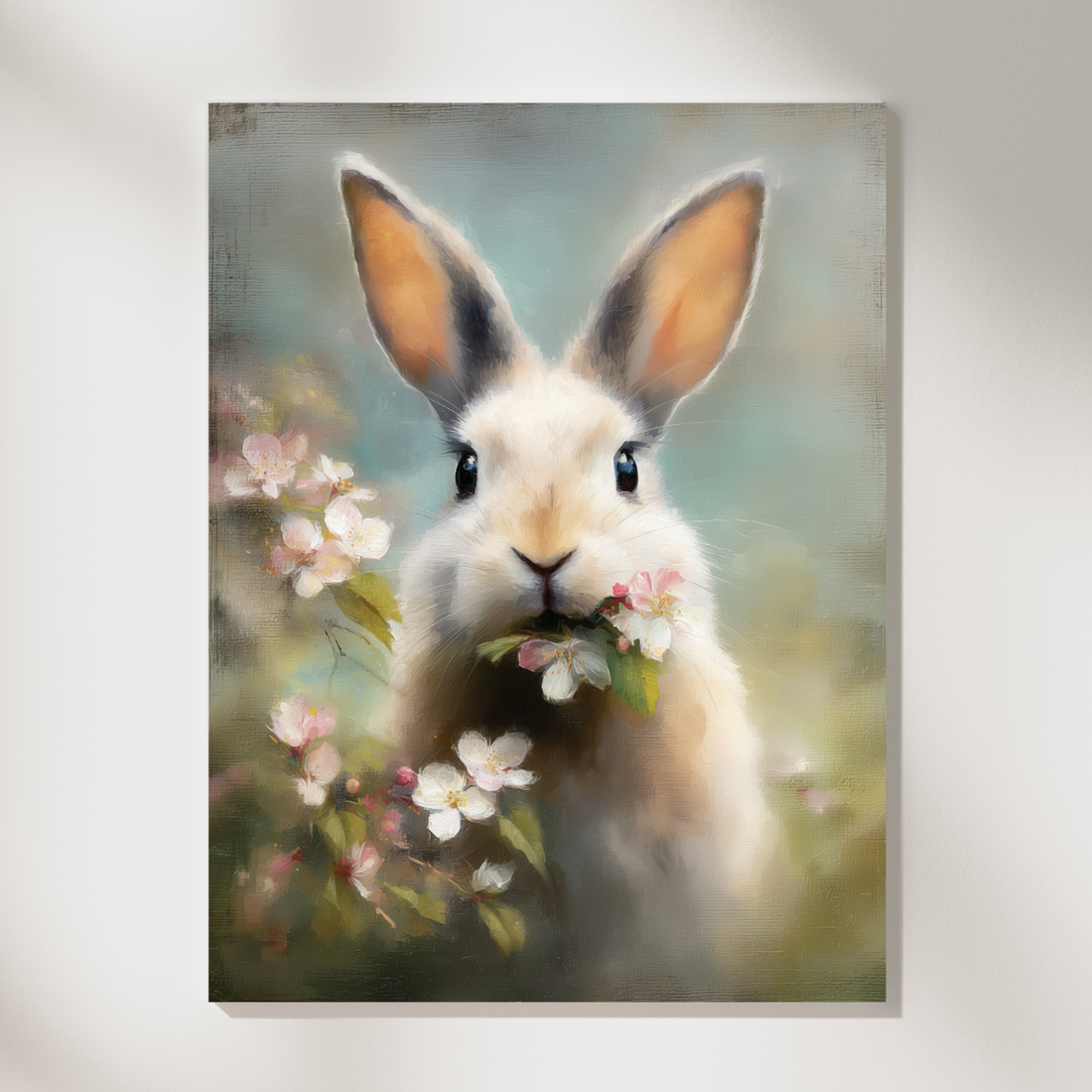Charming Bunny Portrait with Blossoms Surrounded by Vibrant Garden Greenery. High Resolution Digital Download 300 DPI.