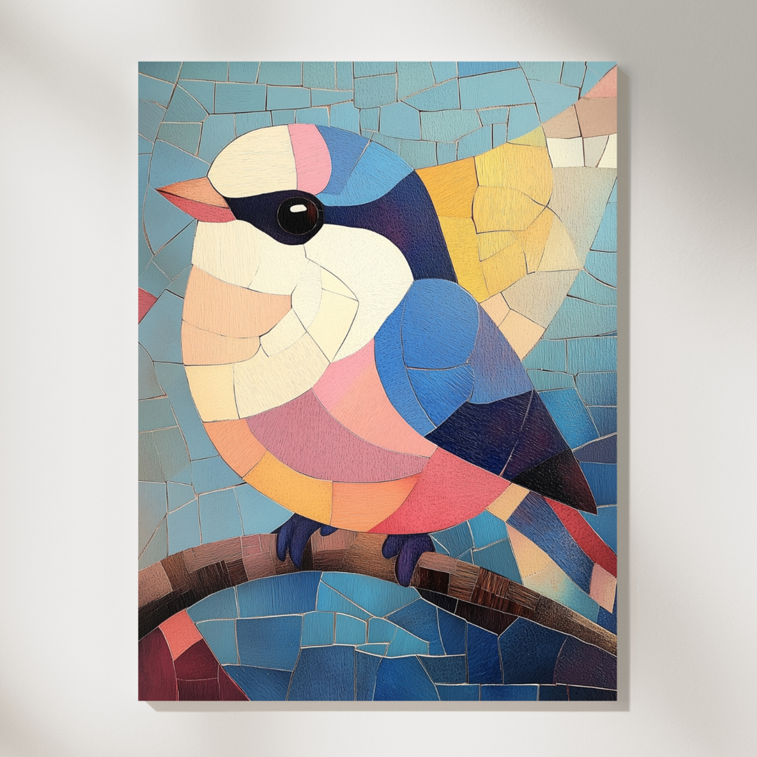 Ethereal Chickadee, Soft Mosaic Art in Delicate Pastel Palette. High Resolution Digital Download 300 DPI