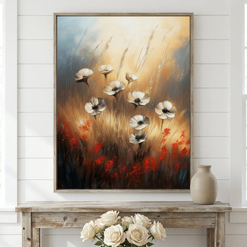 Blooming Contrast, White and Red Flowers in Warm Toned Brushstroke Field. High Resolution Digital Download 300 DPI