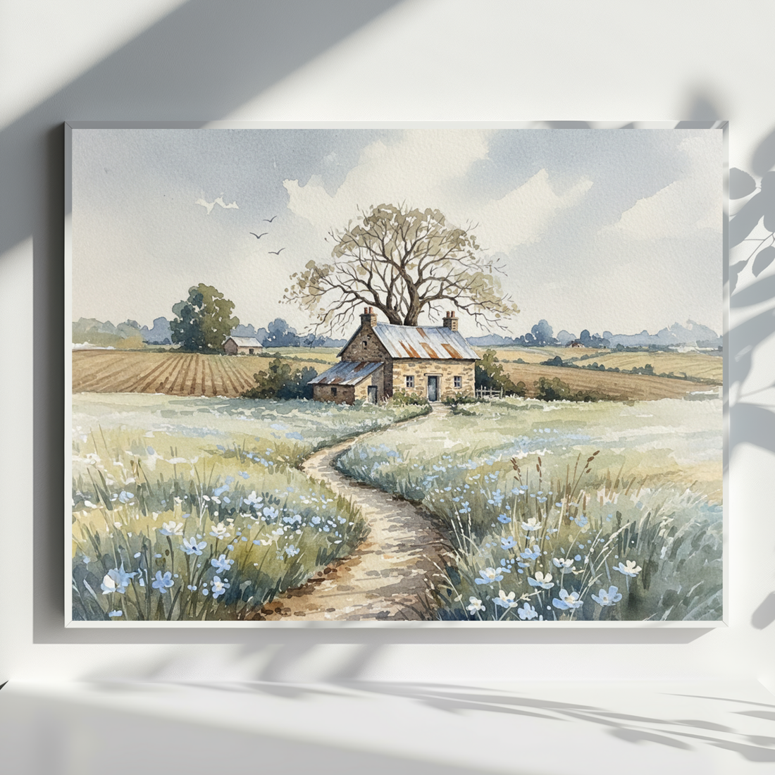 Charming Stone Cottage Watercolor Art with Blue Wildflower Countryside Scenery. High Resolution Digital Download 300 DPI.