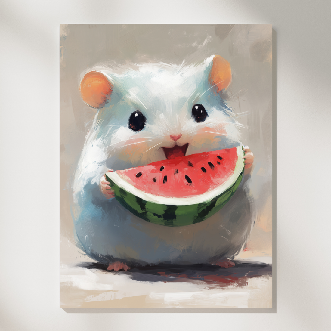 Whimsical Watermelon Feast, Cute Hamster Oil Painting Print. High Resolution Digital Download 300 DPI.