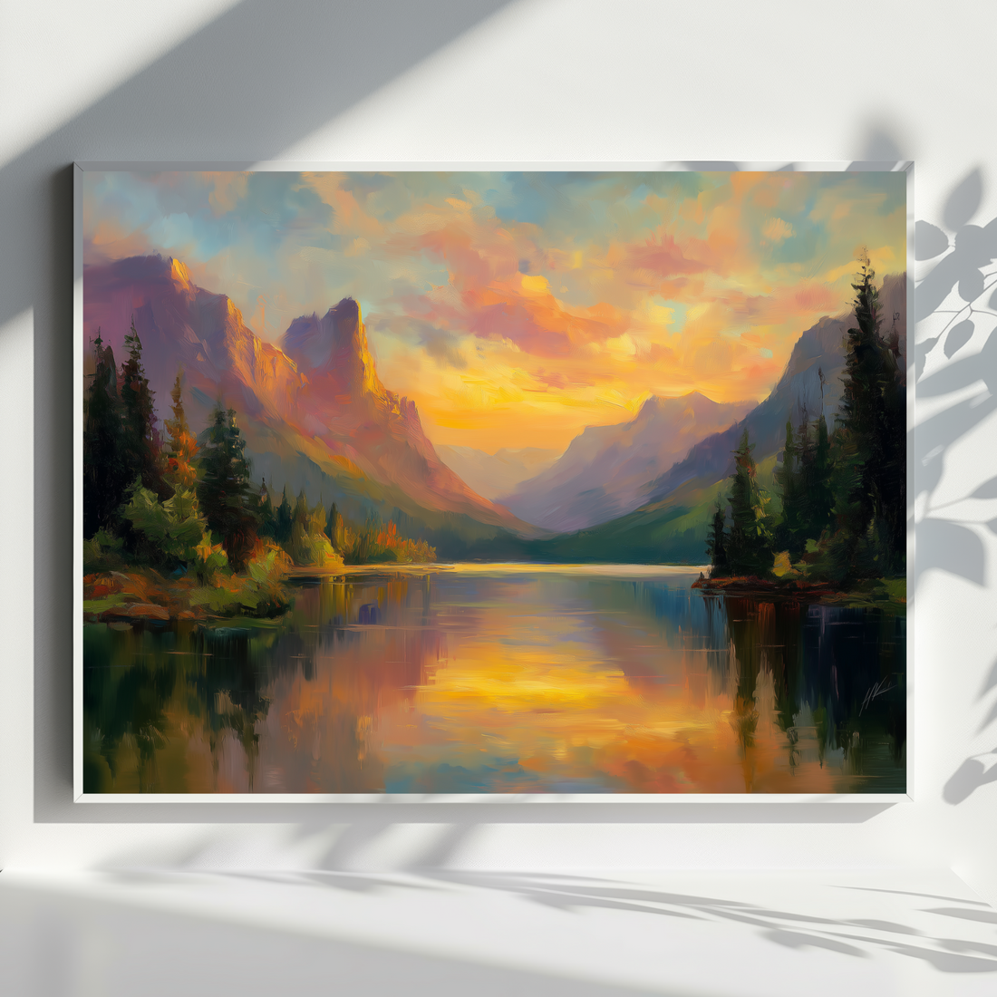 Golden Sunset Reflection Landscape Wall Art with Mountains and Forest. High Resolution Digital Download 300 DPI