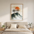 Misty trees art above a white bed