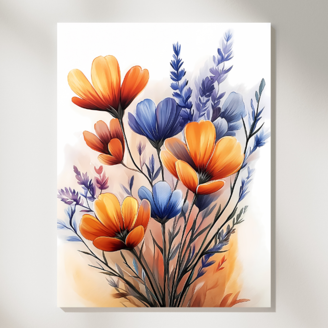 Wild Bloom Symphony, Vibrant Orange and Blue Flowers in Pure Elegance. High Resolution Digital Download 300 DPI