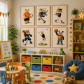 Sports animal prints above colorful toy storage