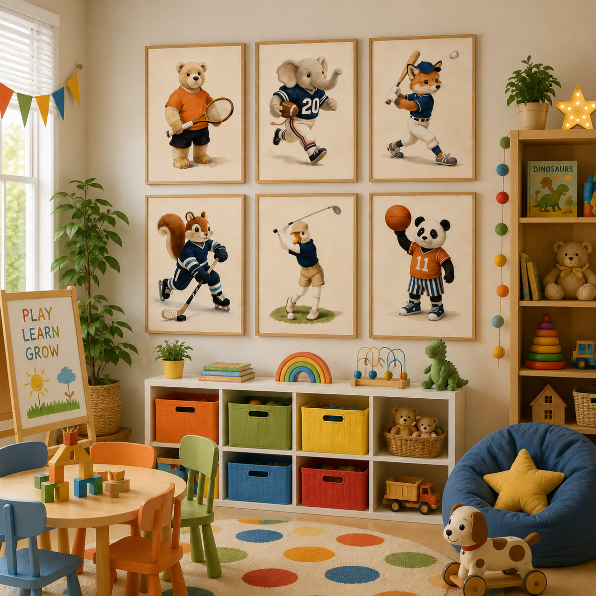 Sports animal prints above colorful toy storage
