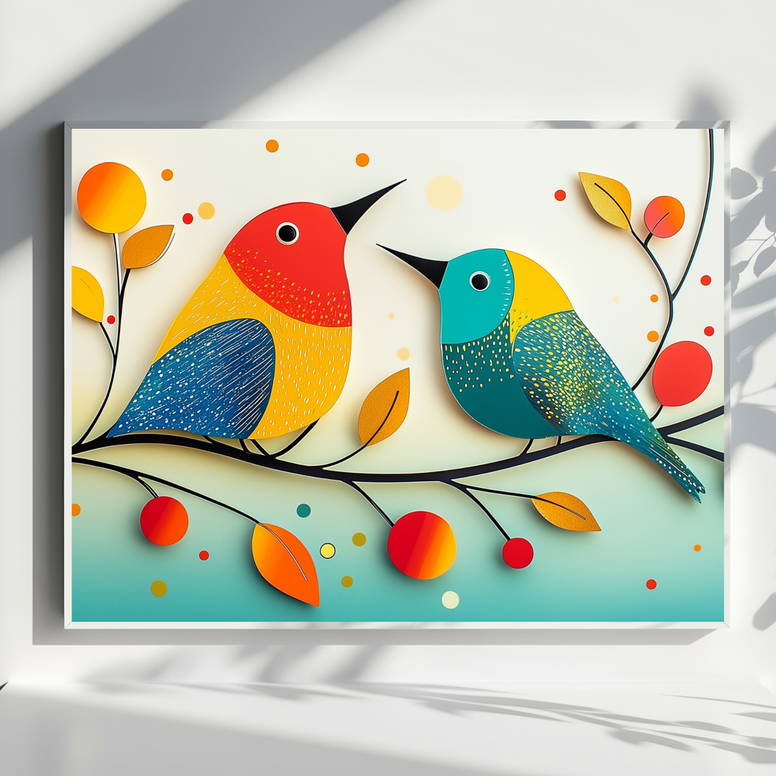 Autumn Avian Charm, Colorful Birds Dancing on Branch with Playful Polka Dots. High Resolution Digital Download 300 DPI
