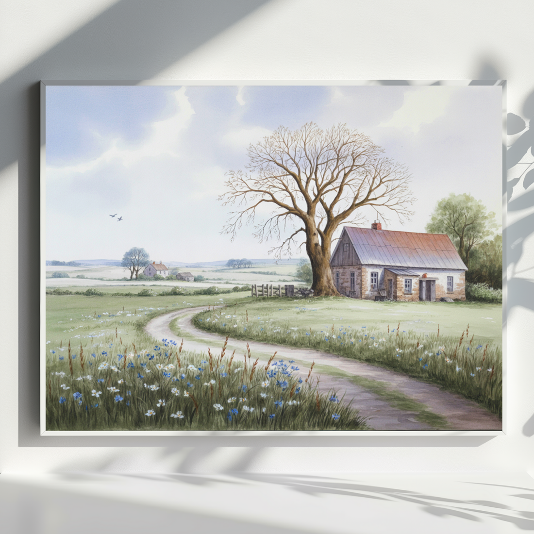 Rustic Countryside Farmhouse Landscape Watercolor Art with Bright Summer Path. High Resolution Digital Download 300 DPI.