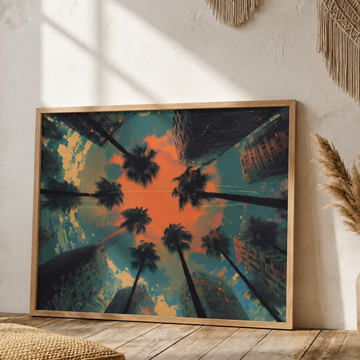 Retro Futuristic Cityscape Art With Glitched Palm Trees And Sunset Sky. High Resolution Digital Download 300 DPI.