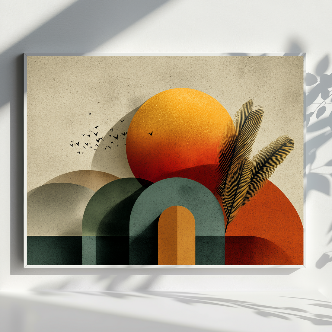 Modern Abstract Wall Art with Sun, Feathers and Geometric Harmony. High Resolution Digital Download 300 DPI.