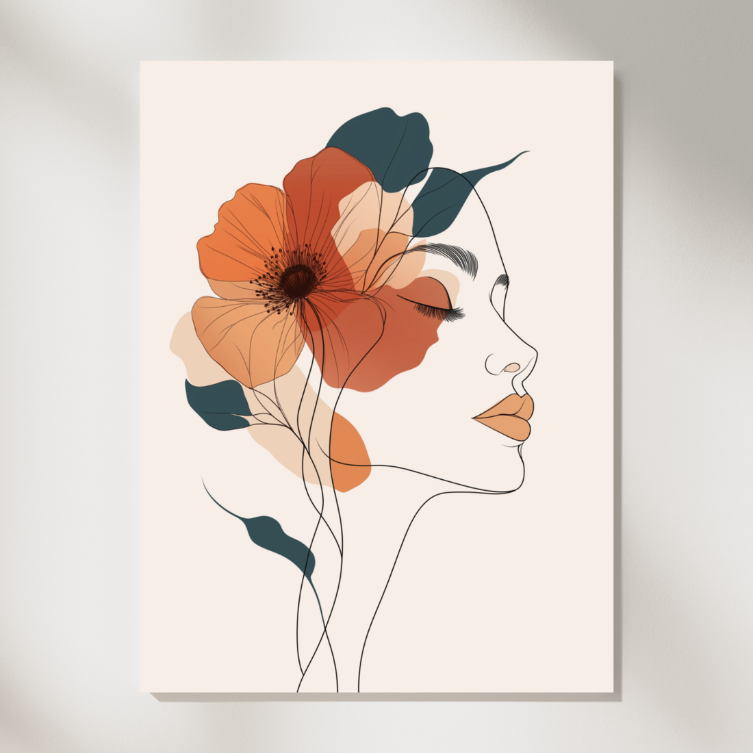 Bohemian Floral Face, Minimalist Line Art with Vibrant Abstract Elements. High Resolution Digital Download 300 DPI