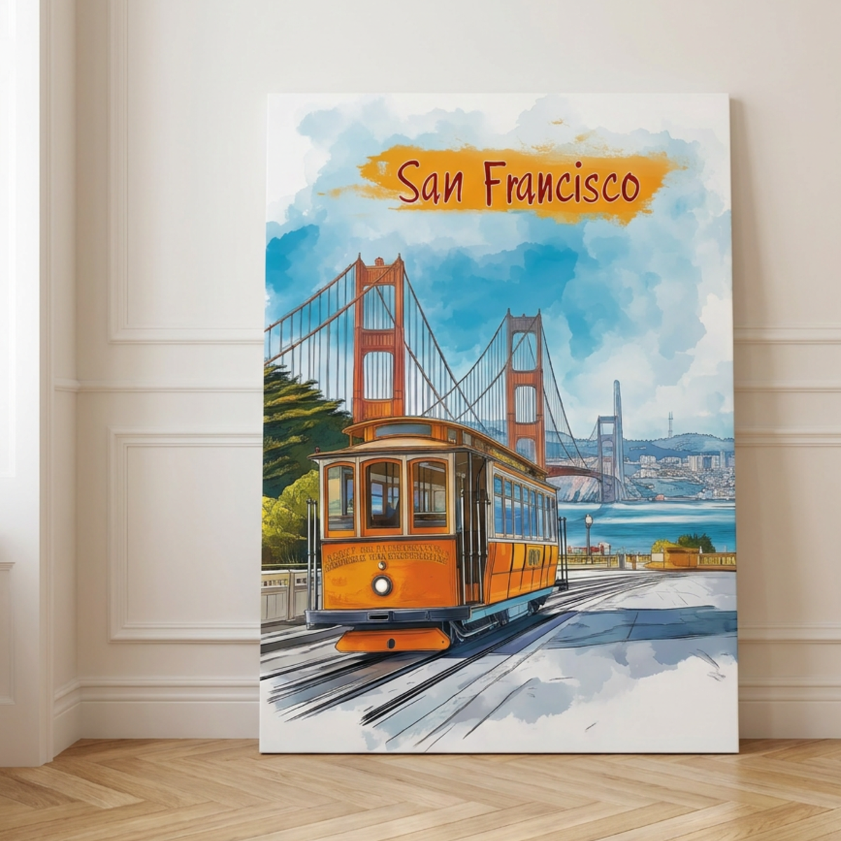 Vintage watercolor art of the Golden Gate Bridge with an orange San Francisco cable car and a hand-lettered sign