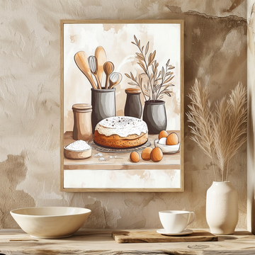 Whimsical Baking Bliss, Watercolor Kitchen Scene with Freshly Baked Cake. High Resolution Digital Download 300 DPI