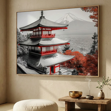 Zen Autumn Serenity, Japanese Temple in Misty Maple Forest Art Print. High Resolution Digital Download 300 DPI.