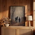 Witch and horse print on a wood wall above a cabinet