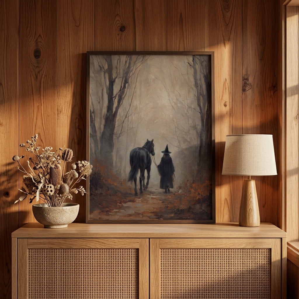 Witch and horse print on a wood wall above a cabinet