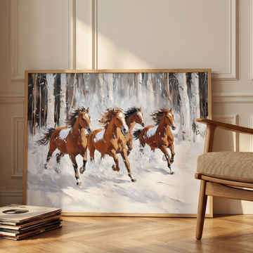 Galloping Horses in Snow Oil Painting, Pastel Winter Wall Art. High Resolution Digital Download 300 DPI.