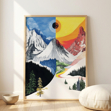Alpine Majesty, Colorful Sky Illuminates Snowy Peaks and Winding River. High Resolution Digital Download 300 DPI