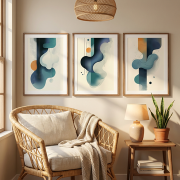 Dynamic Surrealism, Abstract Shapes in Blue, Orange, and Black with Scattered Dots. High Resolution Digital Download 300 DPI