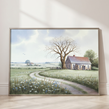 Rustic Countryside Farmhouse Landscape Watercolor Art with Bright Summer Path. High Resolution Digital Download 300 DPI.