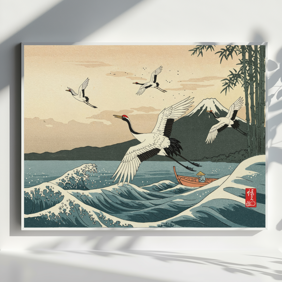 Elegant Asian Wall Art Flying Birds Mountain Sea Art Decor. High Resolution Digital Download 300 DPI.