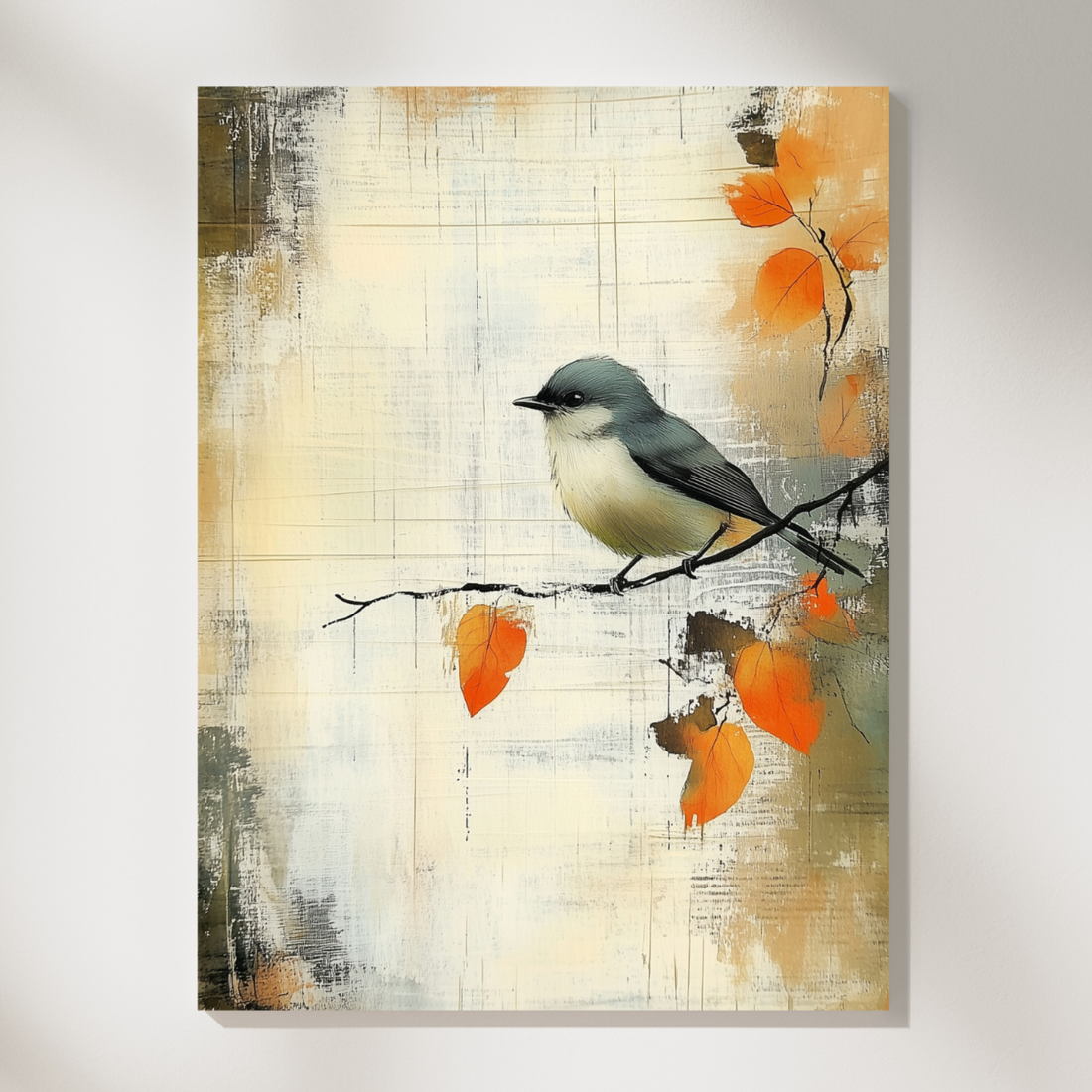 Whimsical Watercolor, Gray Bird on Branch with Orange Leaves and Vintage Paper Texture. High Resolution Digital Download 300 DPI