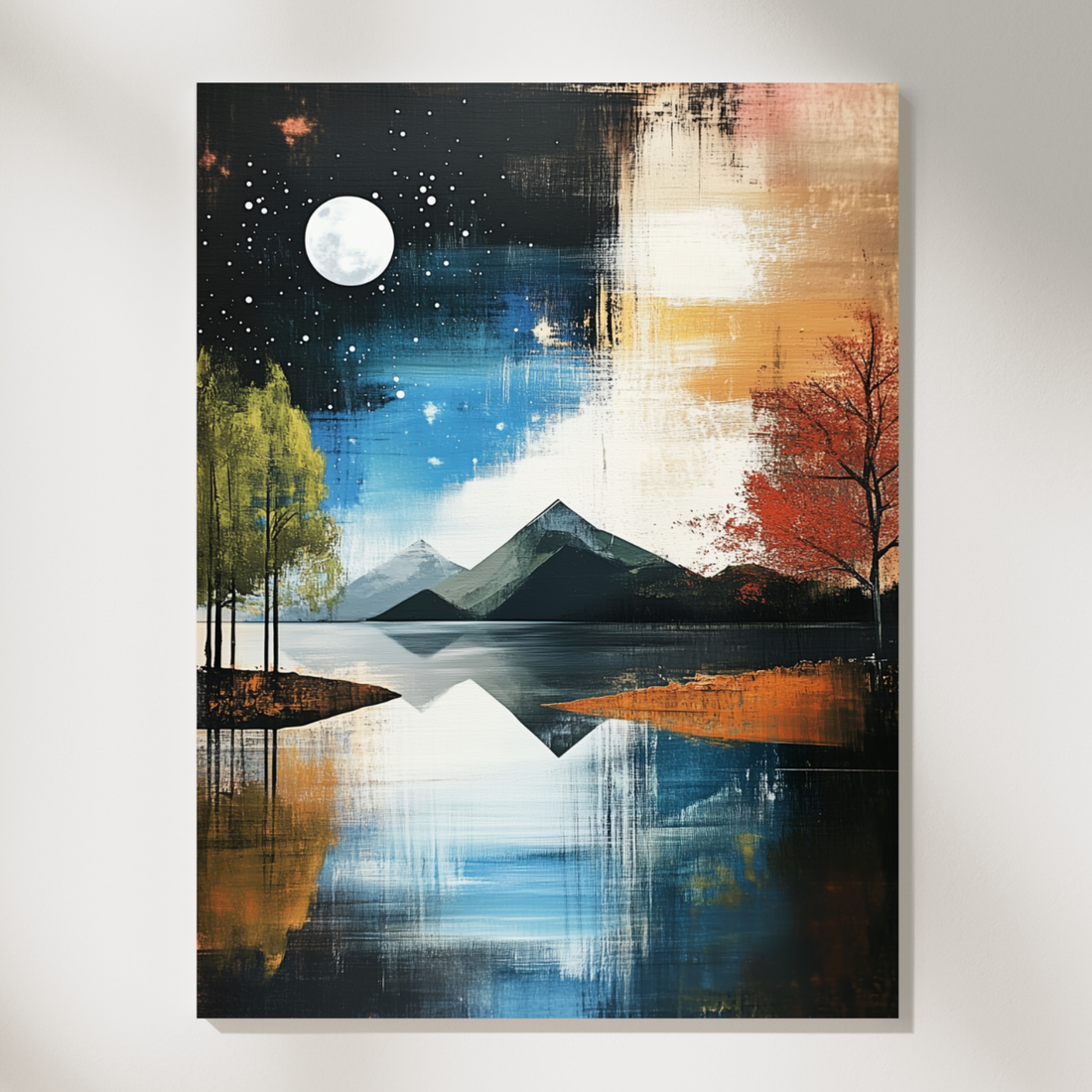 Celestial Reflection, Tranquil Lakeside Mountain Forest Starry Night Art. High Resolution Digital Download 300 DPI.