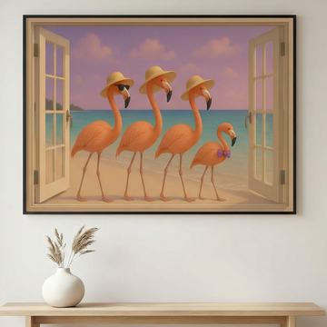 Whimsical Flamingo Beach Scene Through Sunset Doorway in Pastel Art. High Resolution Digital Download 300 DPI.