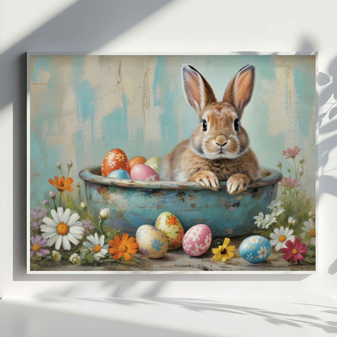 Vintage Easter Bunny in Blue Bathtub Pastel Oil Painting Decor. High Resolution Digital Download 300 DPI.